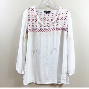 Honey Punch Embroidered Tassel White/Red/Cream Long Sleeve Peasant Top